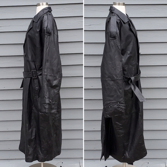 Vintage 90s y2k Vampire Black Leather Double Breasted Belted Trench Coat XL - Picture 3 of 6